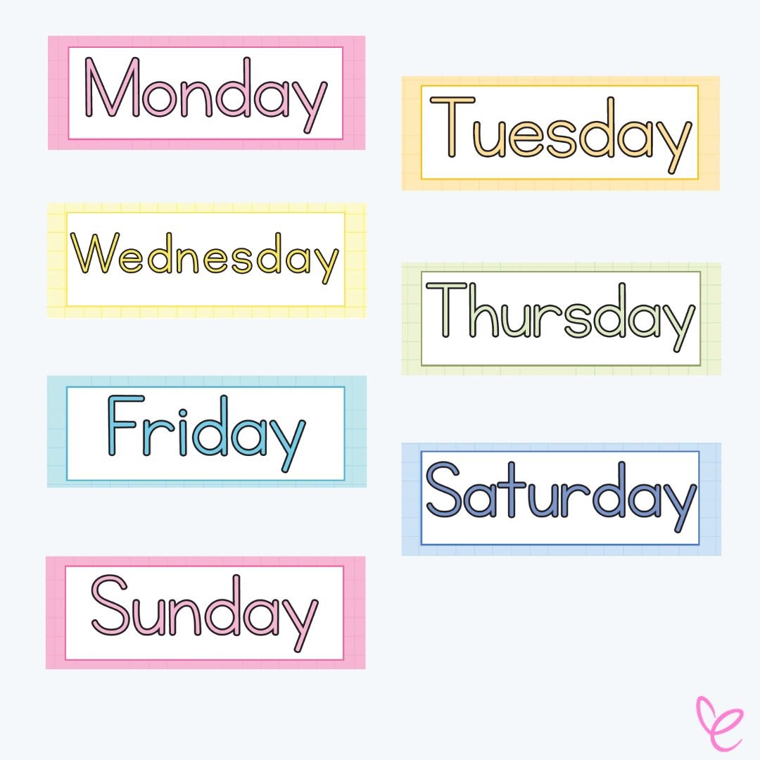 Colourful 'Days of the Week Labels' each label in a distinct bright shade, arranged in a visually engaging display for classroom decor.
