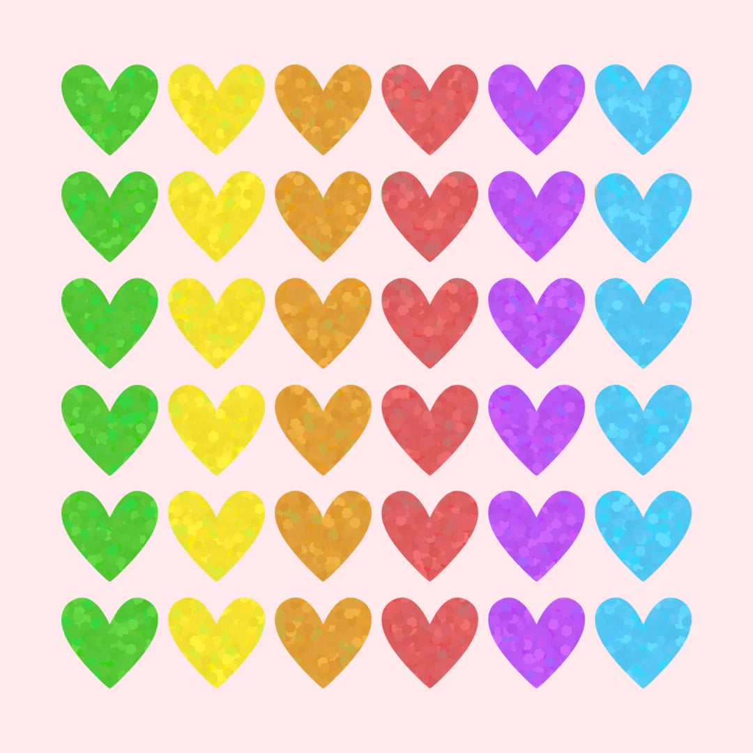 A collection of colorful heart-shaped stickers arranged in a grid pattern.