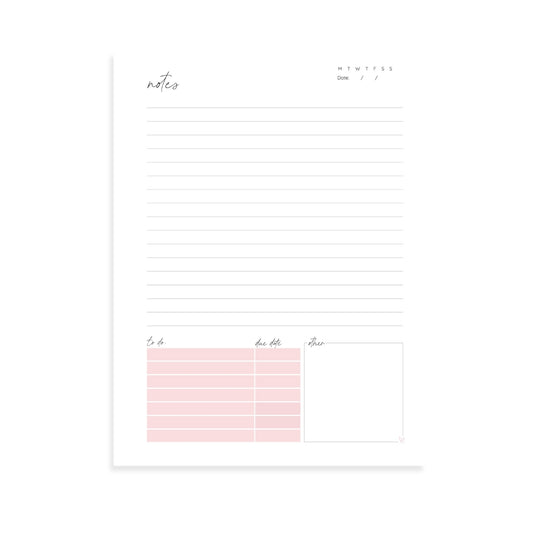 An A5 notepad lying flat, displaying sections for notes, the date, a to-do list, and other details on a desk.