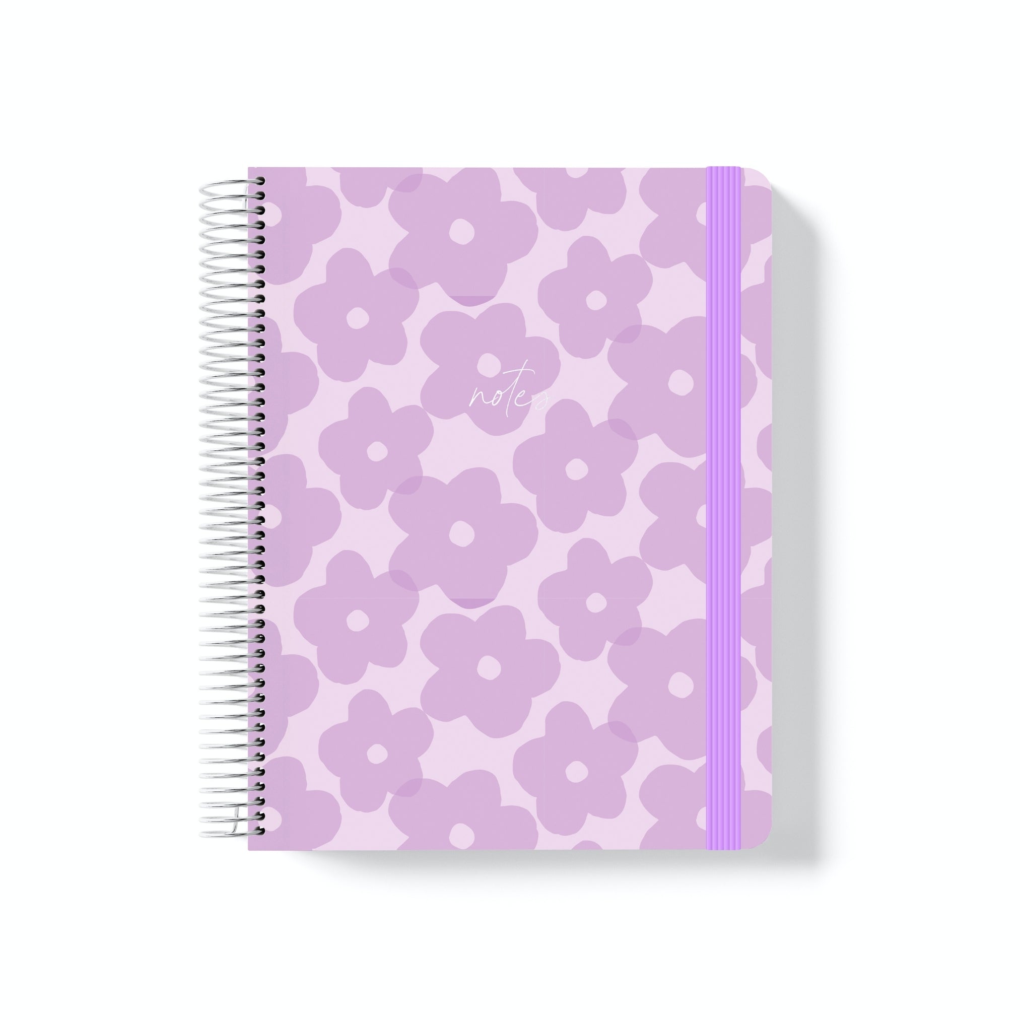 Coiled notebook with lilac floral pattern, purple elastic band, and white “notes” text centred on the front cover.