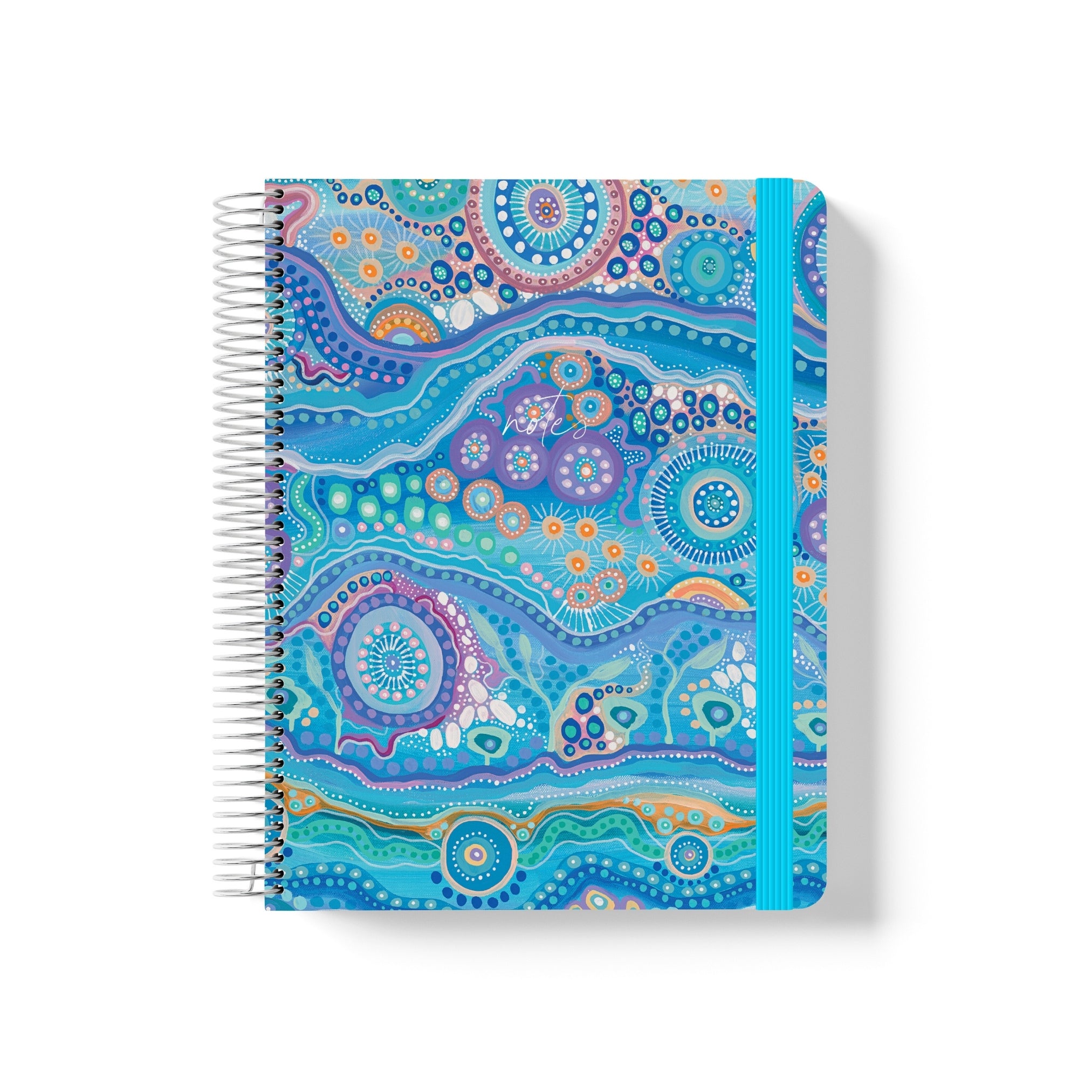 Coiled notebook with elastic band featuring bright abstract artwork by Holly Sanders in blue, pink, and purple tones.