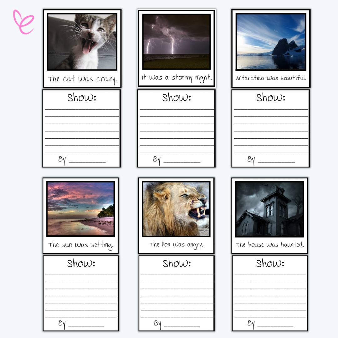A collection of writing prompts with photographs. Each image (e.g., a cat, stormy night, lion) has a basic "Tell" sentence underneath and a blank section labeled "Show" for students to expand upon.