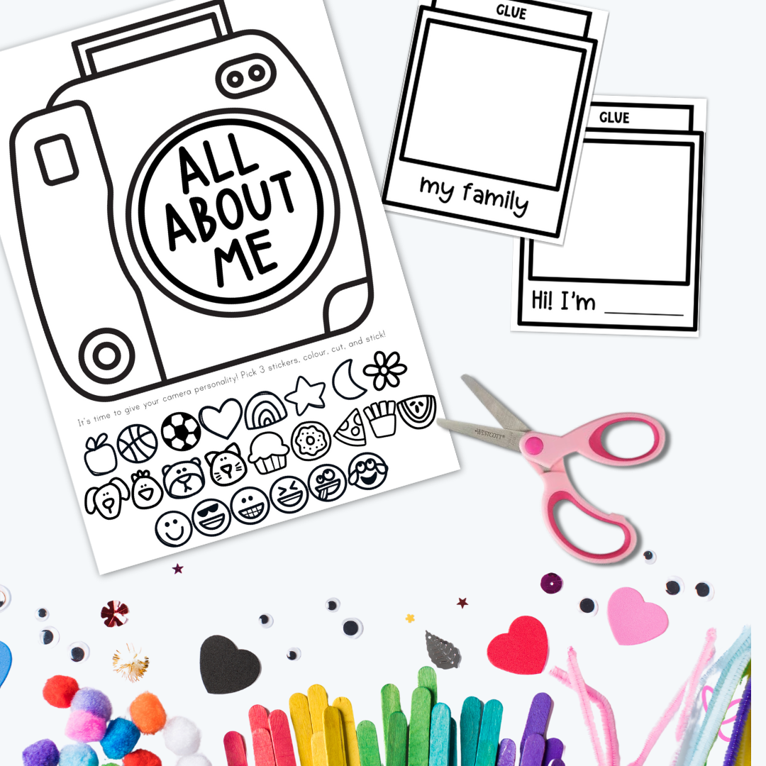 Polaroid camera template sheet with rows of stickers, picture templates, and scissors on a white background.