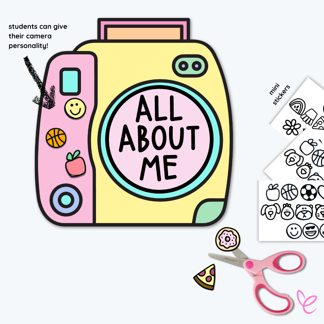 Coloured polaroid camera cut-out with stickers attached, mini sticker sheets, and scissors on a white background.