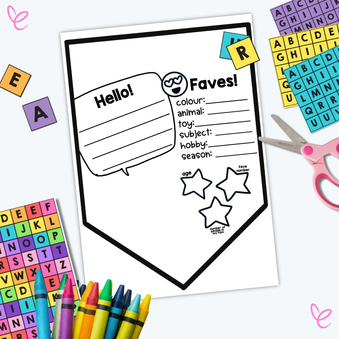 A photo of the All About Me Banner displayed with other craft items featuring colourful designs and creative classroom activity.