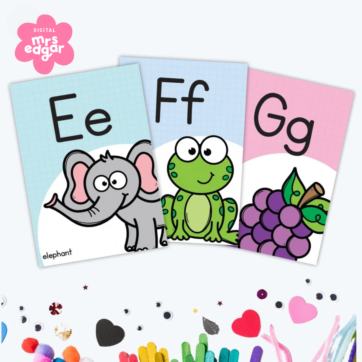 Digital download alphabet posters featuring letters A, B, and C on a white background, surrounded by craft items for a creative learning setup.