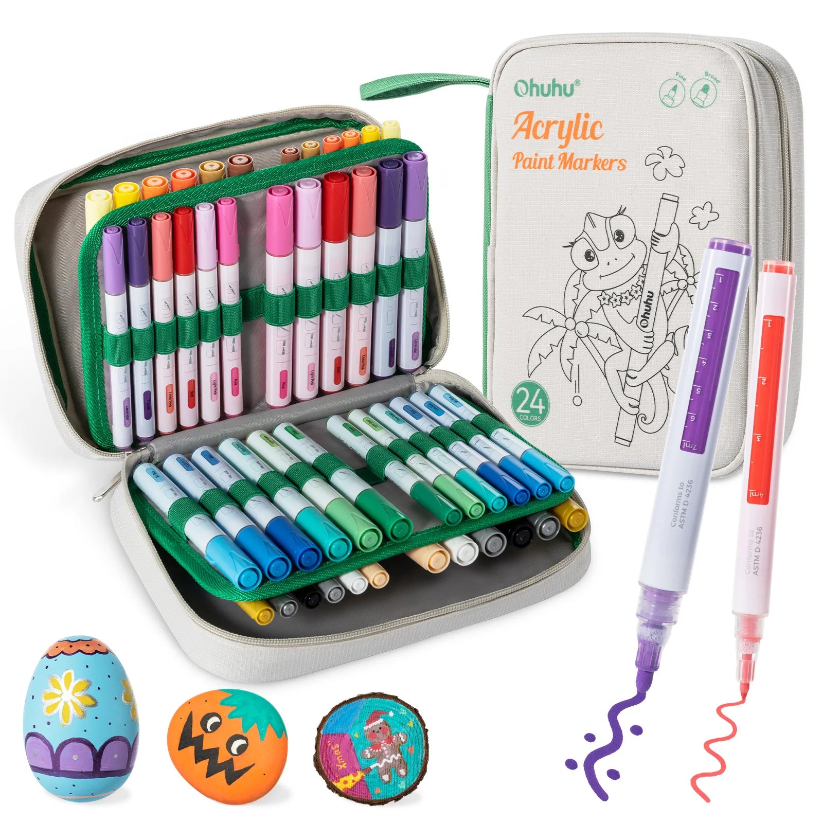 Ohuhu acrylic paint markers organised in carrying case with purple and red pens shown outside.