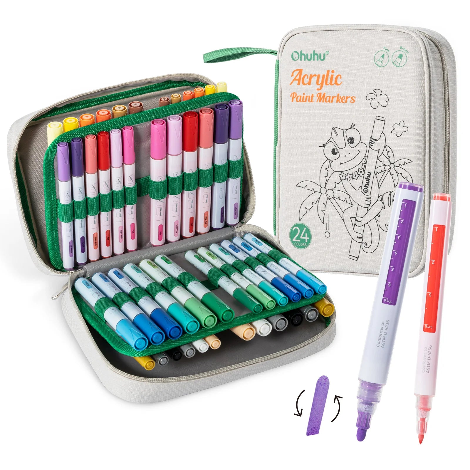Set of 24 Ohuhu acrylic paint markers in zip case with dual-tip pens displayed.