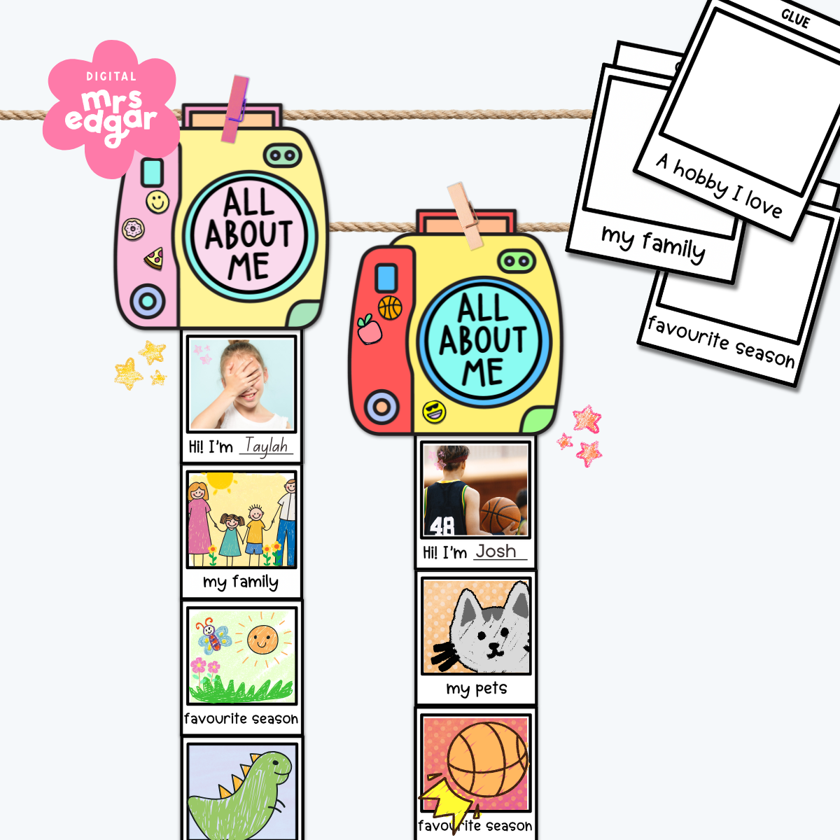 Two polaroid camera cutouts with 'All About Me' photos below, clipped to a rope with pegs. Polaroid templates in the top right.