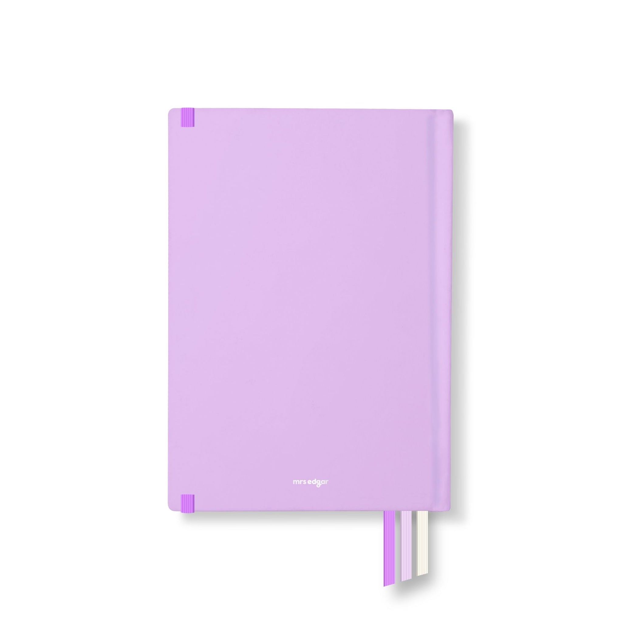 Lilac 2026 teacher planner back cover with a minimalist design, white logo, and three ribbon bookmarks.