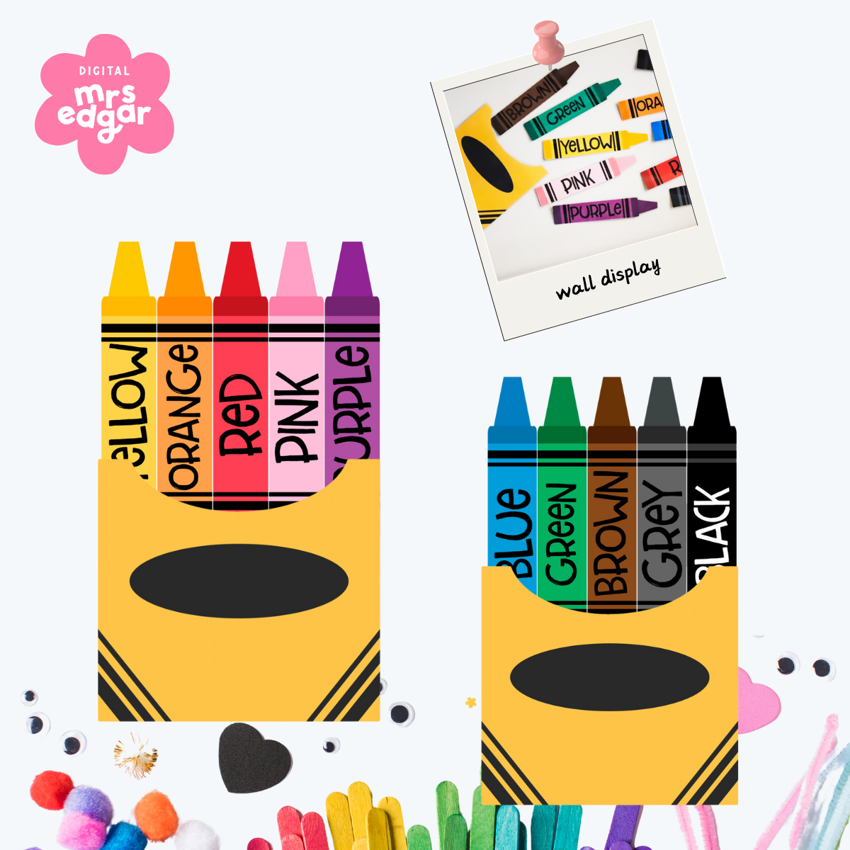 Illustration of two crayon boxes, each featuring a set of colourful crayons labelled with their respective colours such as blue, green, red, and yellow. The bottom image displays a yellow crayon box with colourful sticks inside.
