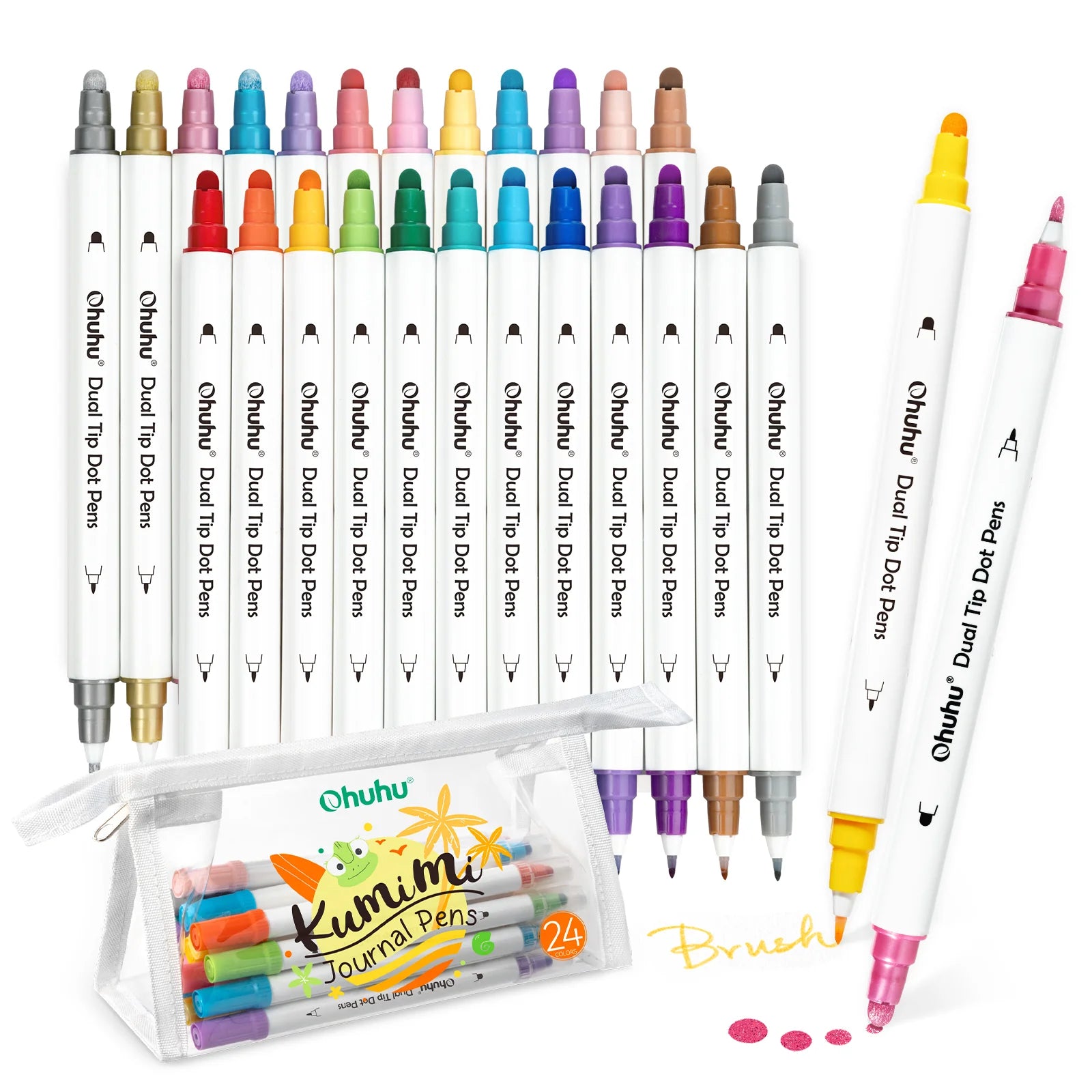 Set of 24 Ohuhu dual tip dot pens in Kumimi pouch with colourful markers displayed.