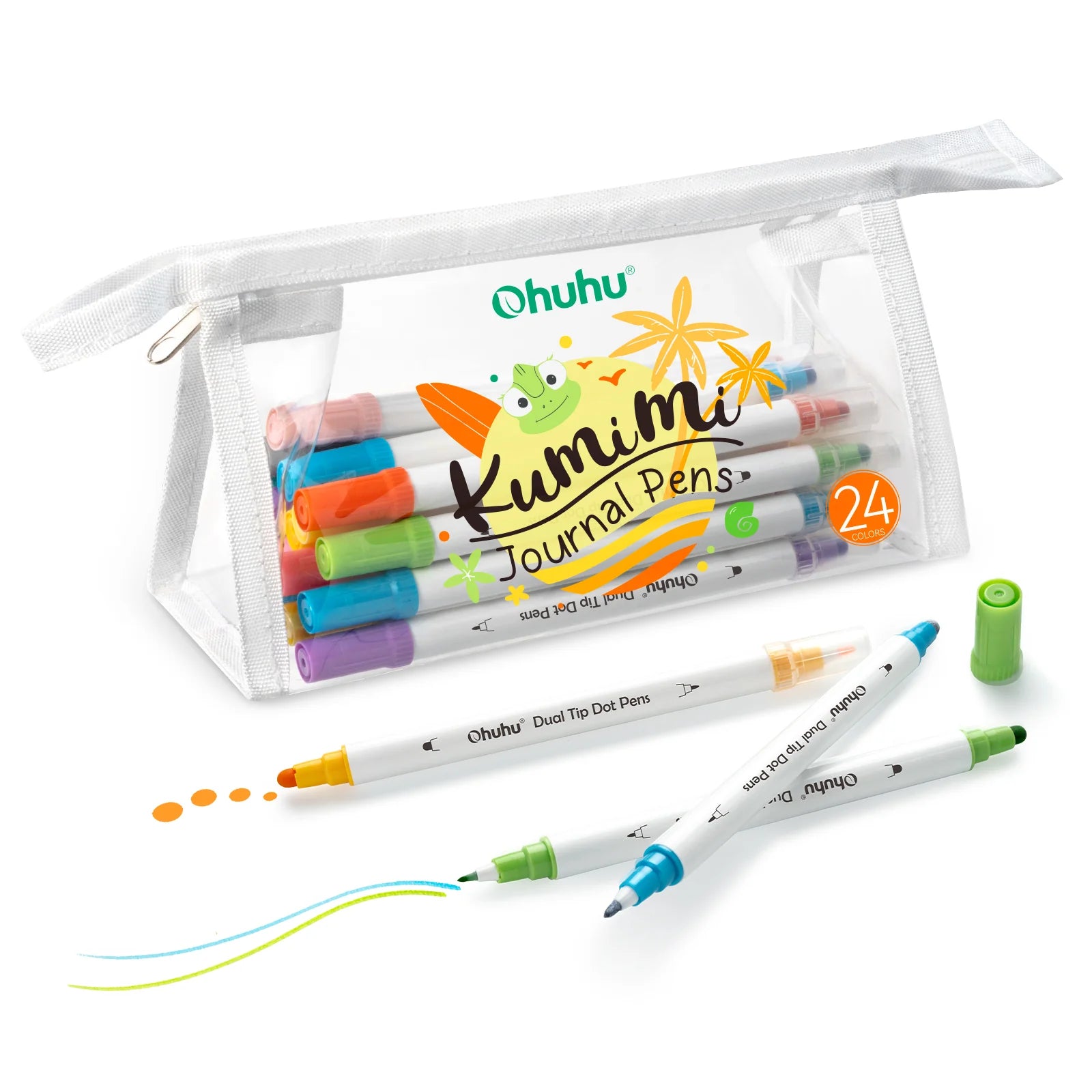 Ohuhu Kumimi journal pens in clear pouch with markers creating dots and colourful lines.
