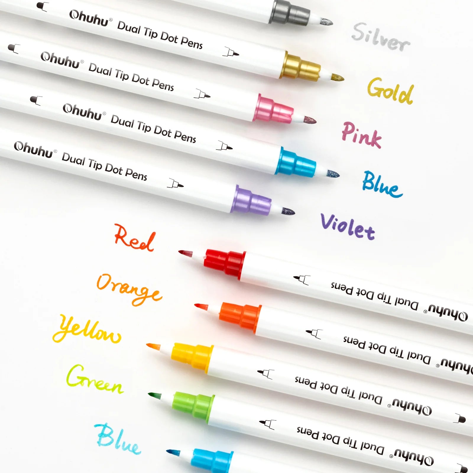 Ohuhu dual tip dot pens writing in silver, gold, pink, blue, violet, red, orange, yellow, green, and blue.
