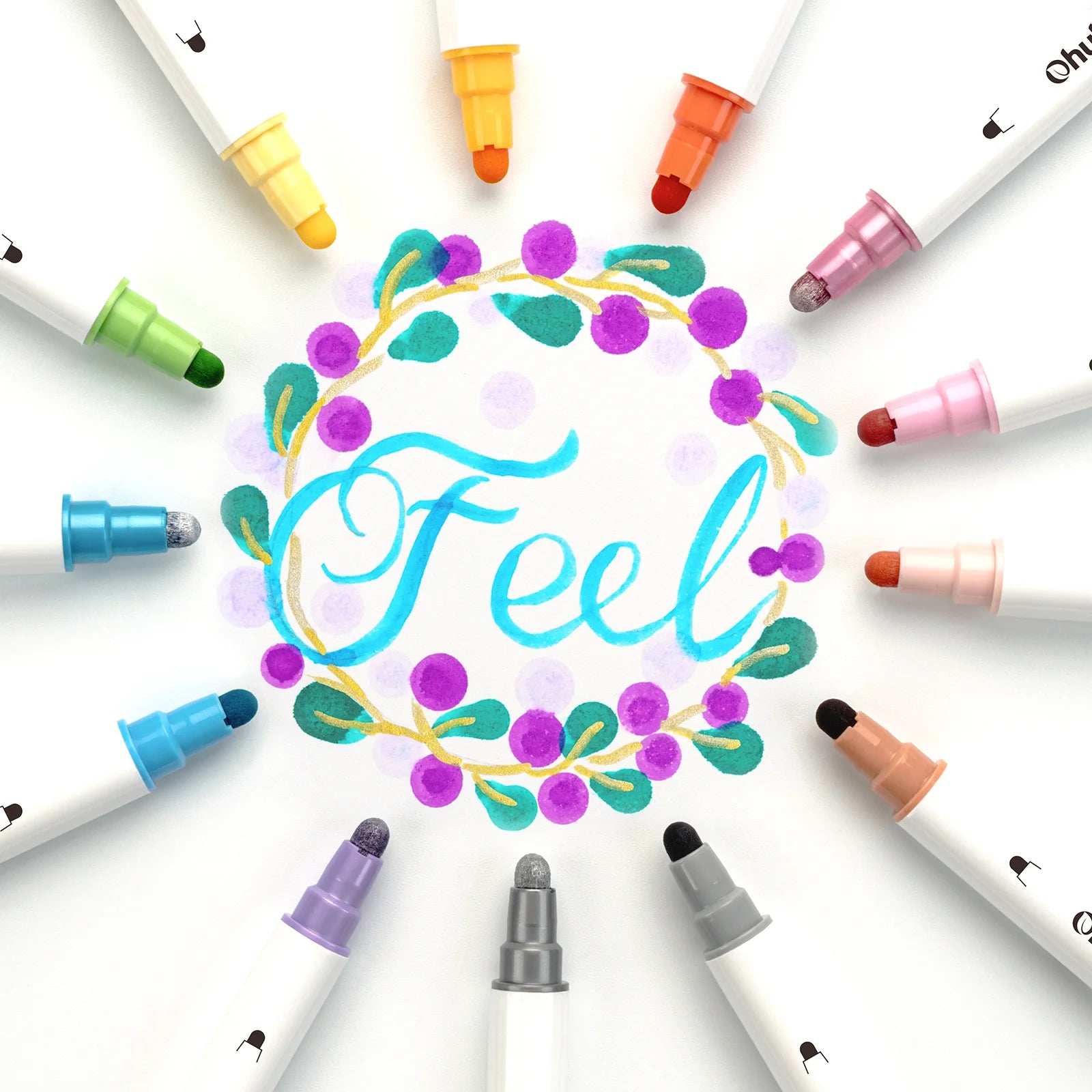Ohuhu dual tip dot pens arranged in a circle around artwork reading Feel in blue script.