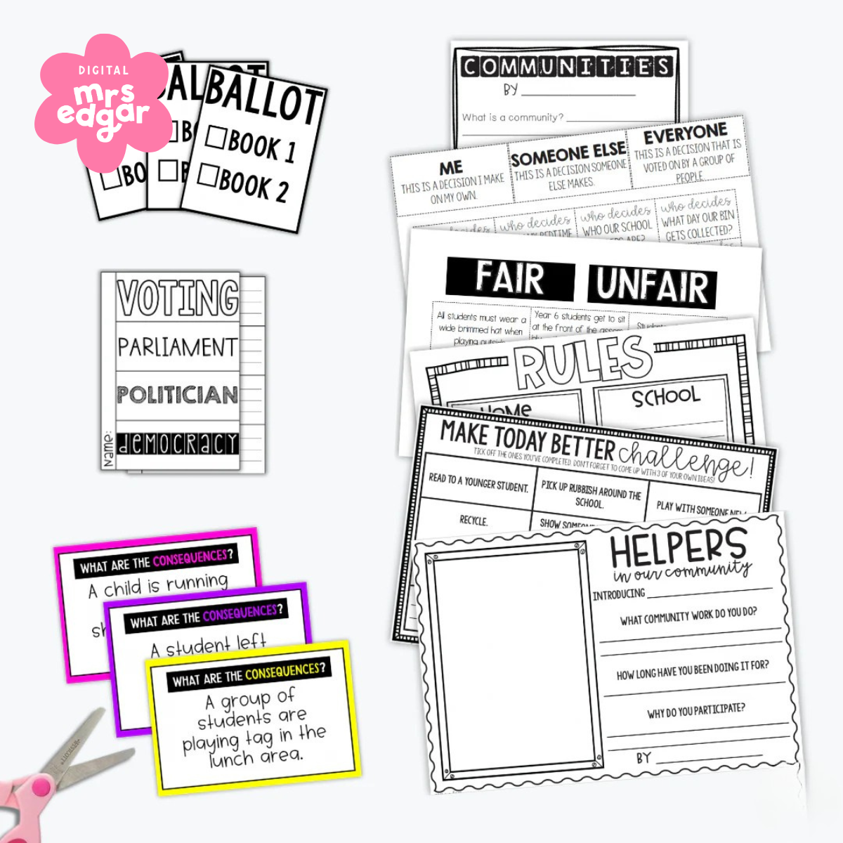 HASS Year 3 Civics and Citizenship digital download activity bundle featuring topics on Voting and Democracy, Importance of Rules, and Community Participation