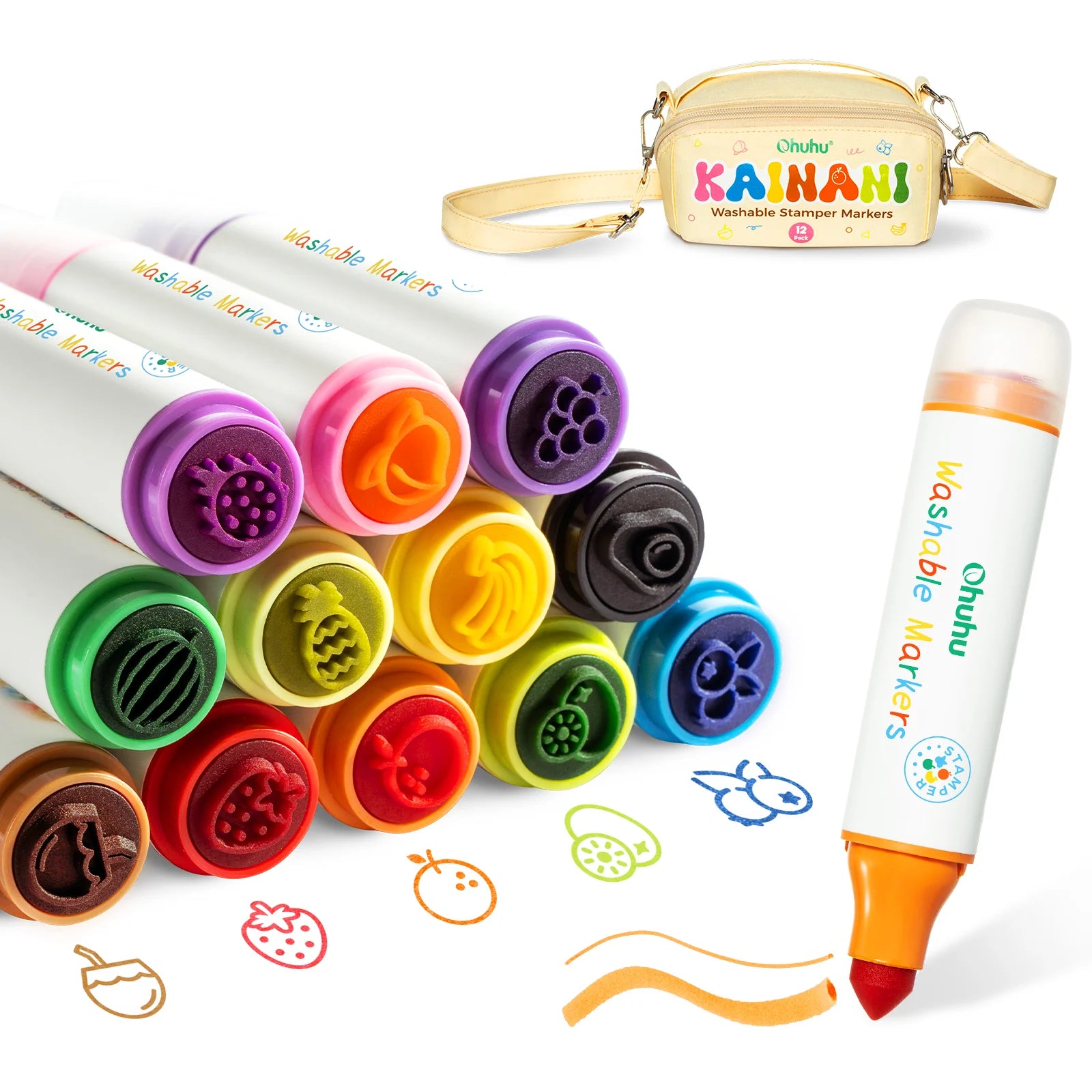 Assorted Ohuhu washable stamper markers with stamped fruit designs and colourful lines.