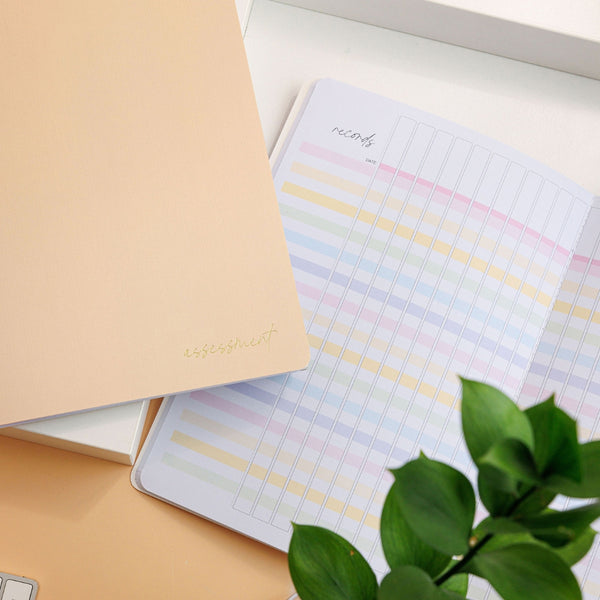 Styled photo of the tan assessment journal, with one closed on top of an open bright spread.