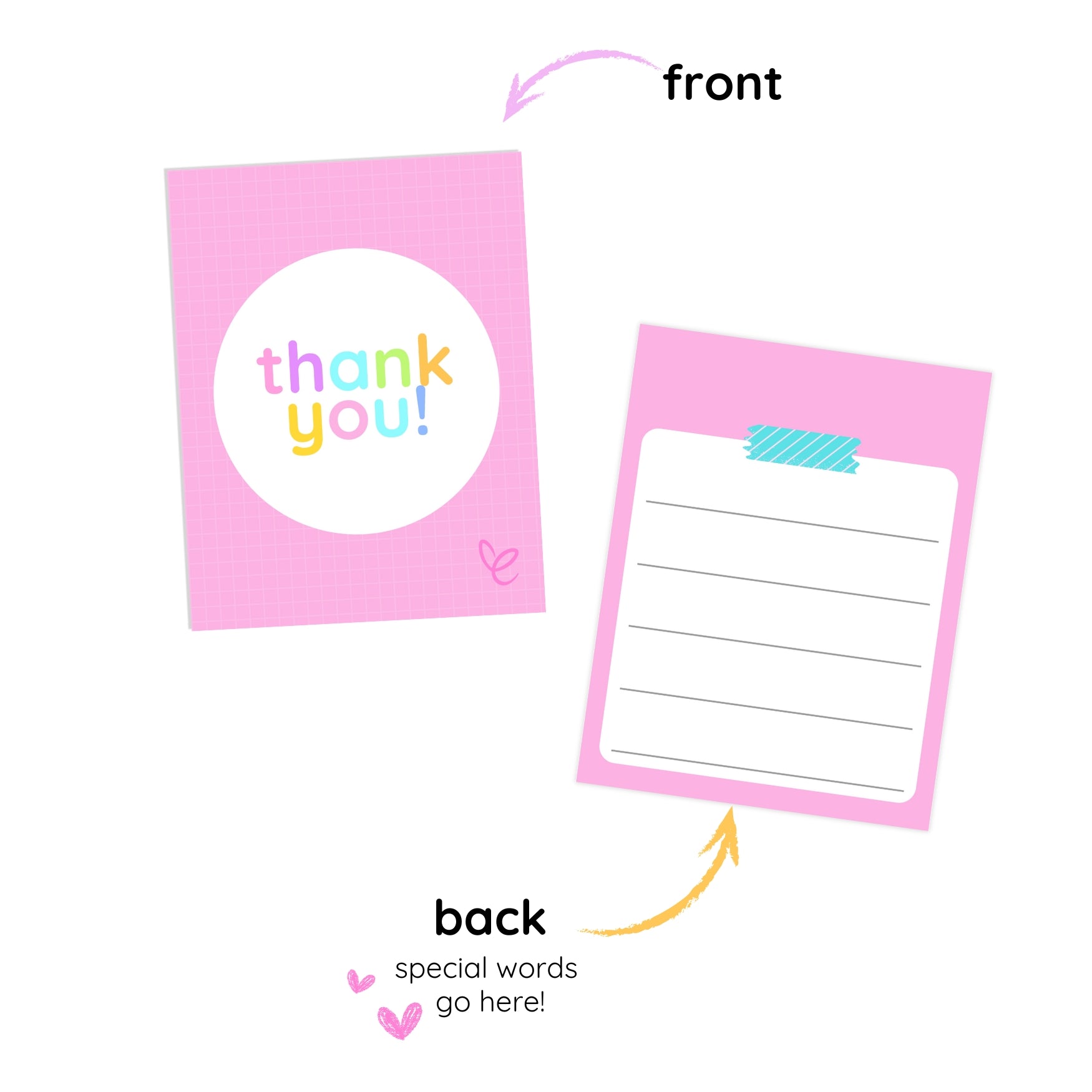 Bright pink thank you card with a white circle in the center, 'Thank You' written in pastel colours, and the 'Mrs Edgar' logo in the bottom right. The back features lined space for writing a personal message to a teacher.
