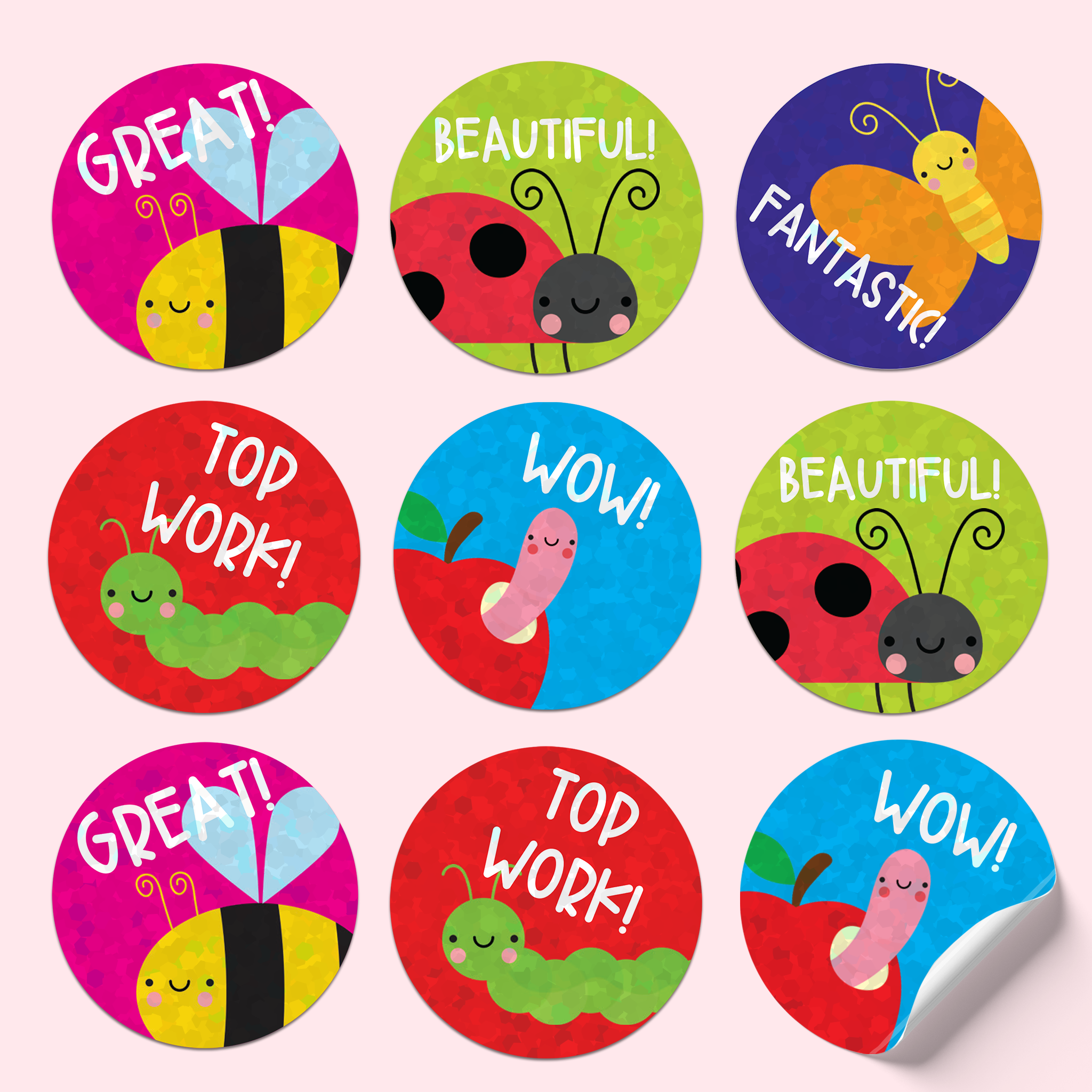 A collection of colorful sticker sheets with various bug-themed characters such as ladybugs, bees, and worms, each with motivational phrases like 'GREAT!', 'BEAUTIFUL!', and 'TOP WORK!'.