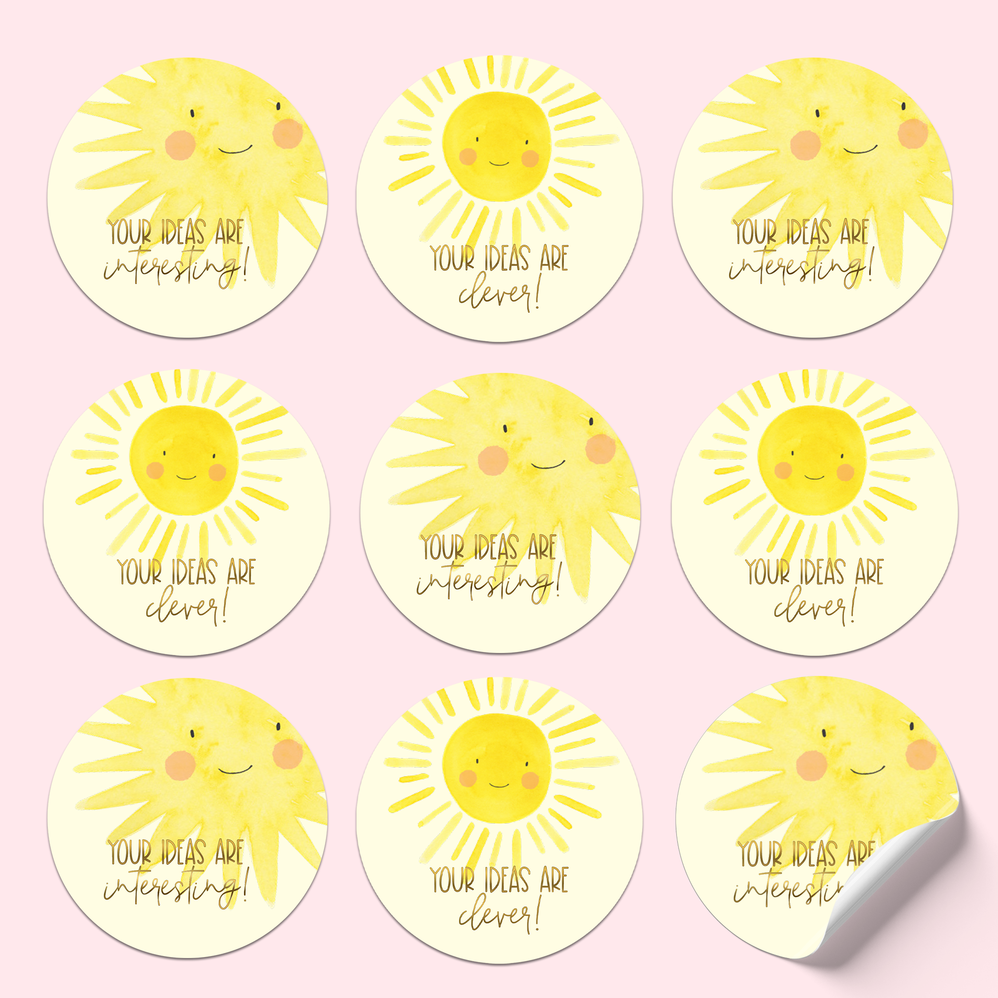 Sticker sheet showcasing two happy suns on a pale yellow background, with gold foiled text offering praise for your ideas.