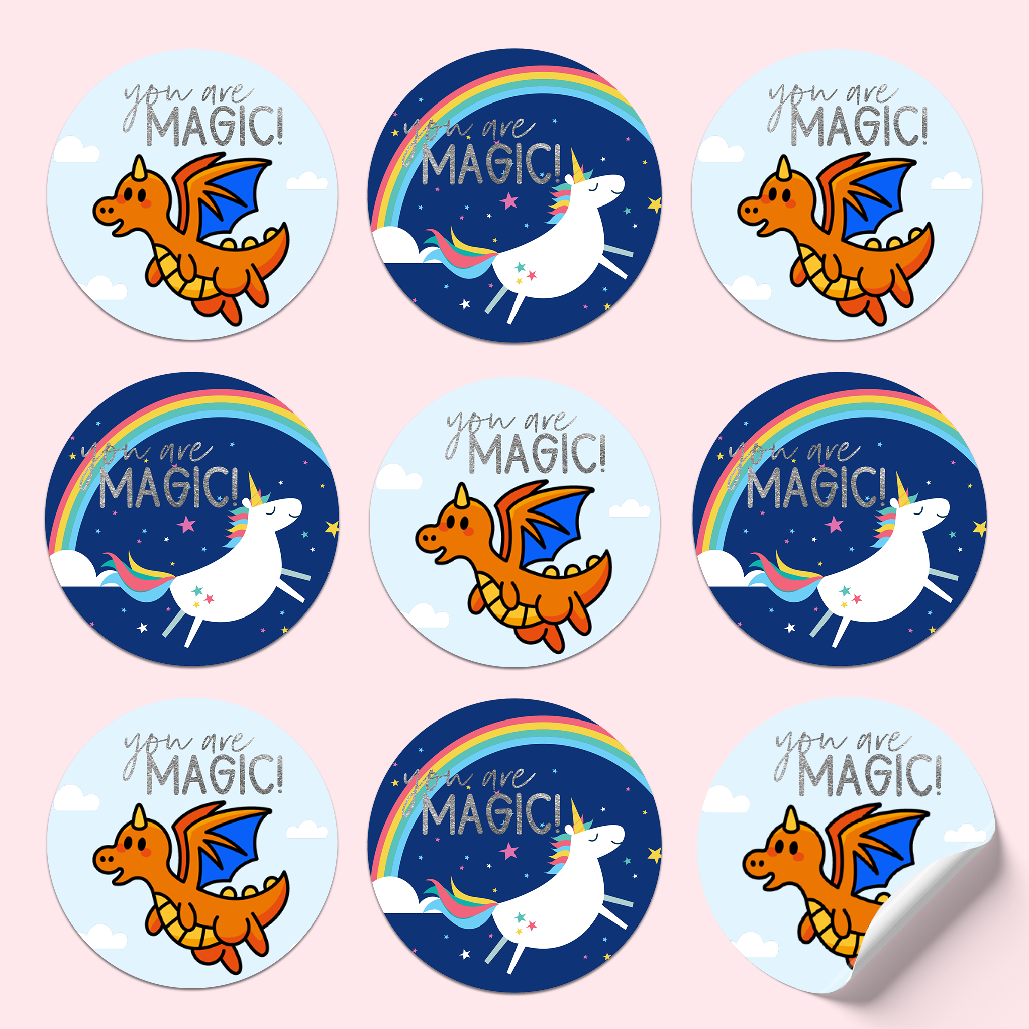 Sticker sheet featuring dragons and unicorns flying through the sky, with rainbows and clouds, and silver foiled text saying 'You are magic!'