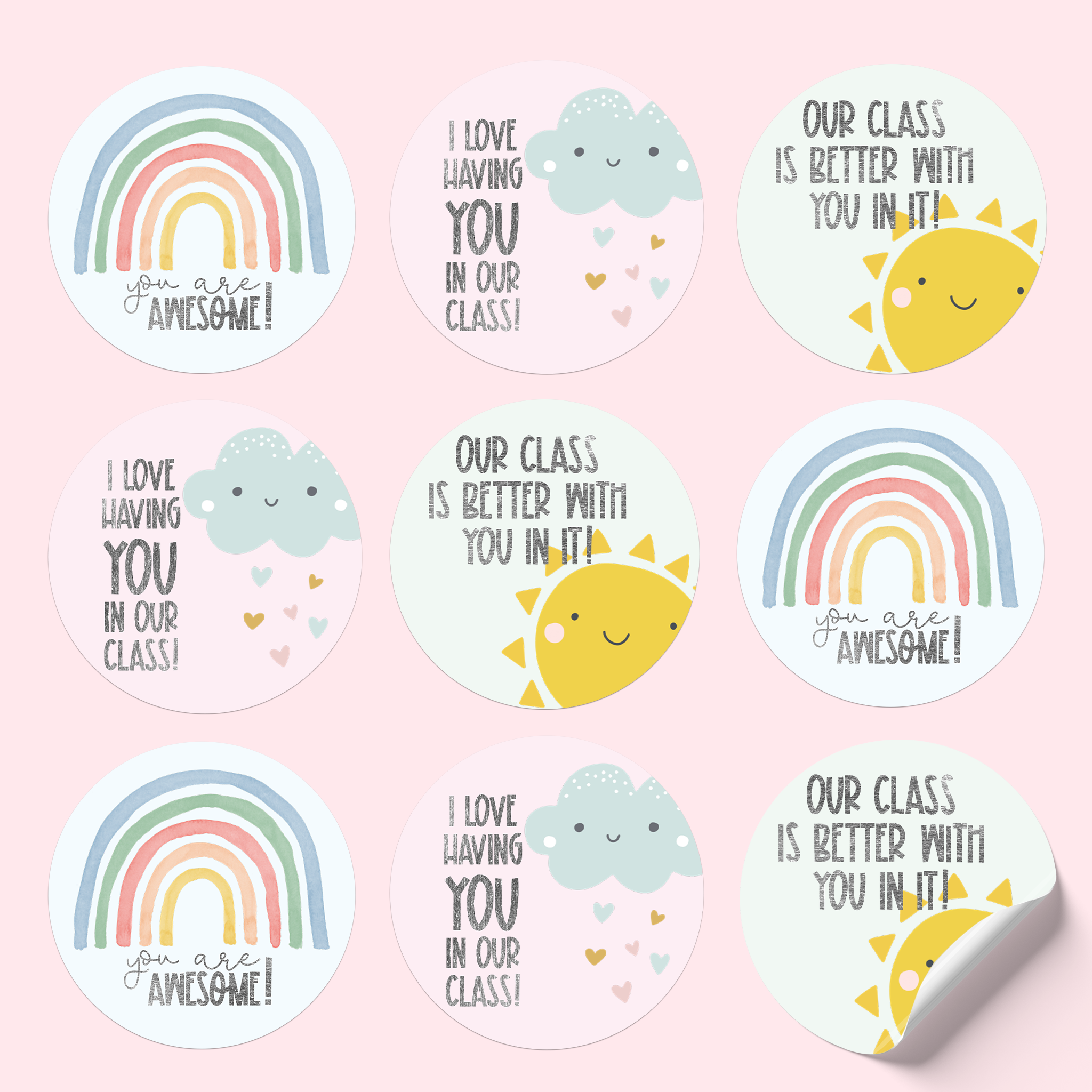 Sticker sheet featuring cute, happy suns, rain clouds, and rainbows on pastel-coloured backgrounds with silver foiled uplifting comments.