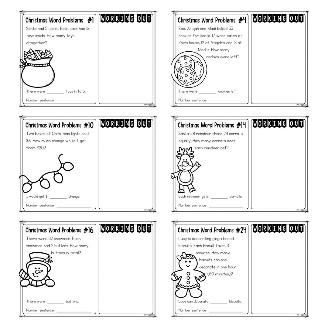 Close up of six Year 3 Christmas word problem task cards, each with a story, a matching picture, a working out panel and a number sentence line