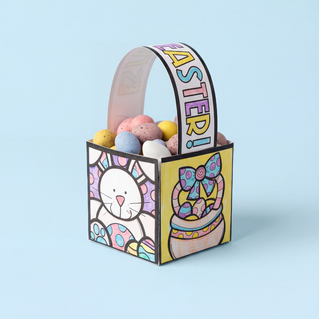 A completed paper Easter basket craft, coloured in with a bunny and eggs and a handle reading EASTER, filled with small speckled chocolate eggs