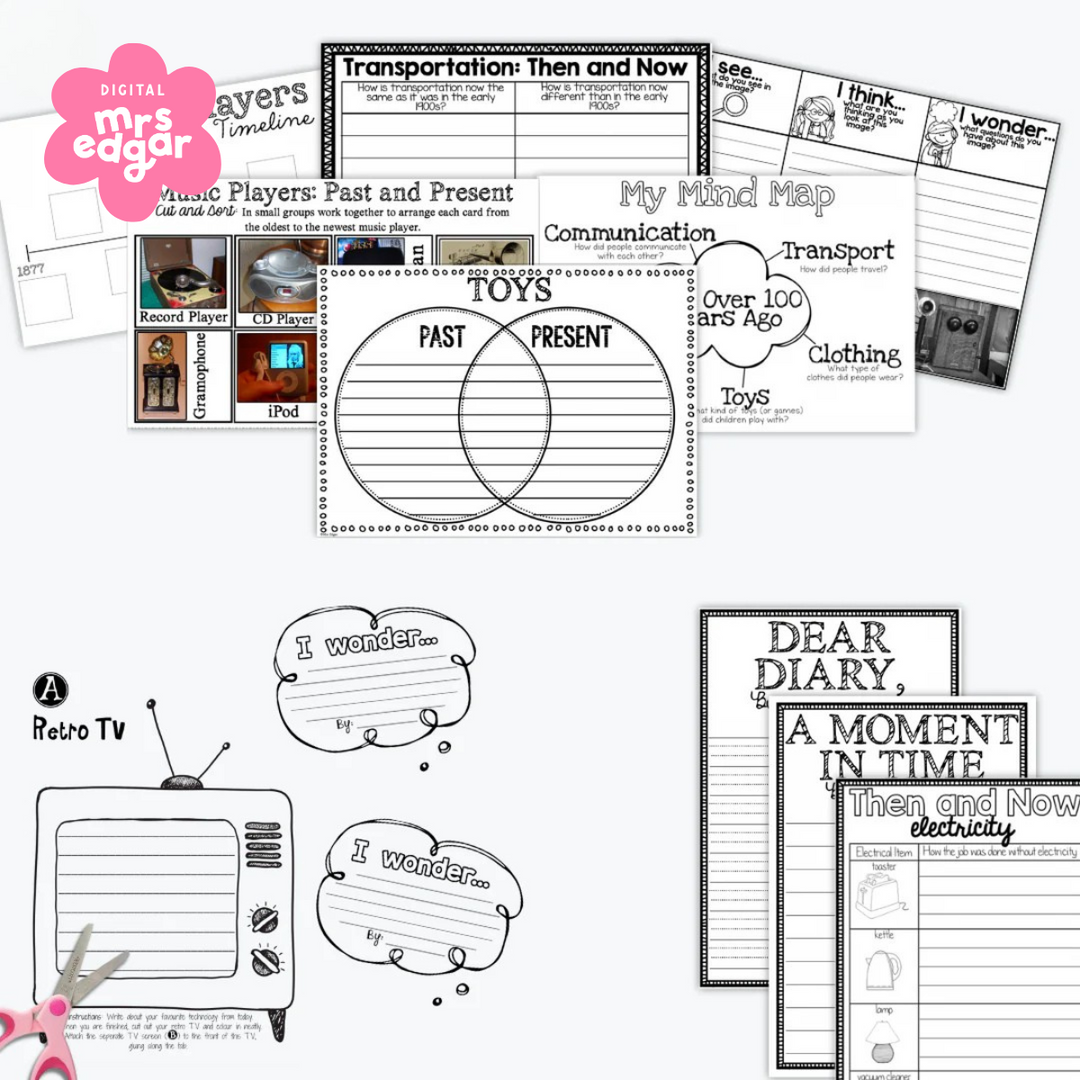 A layout of black-and-white Year 2 history printables about changing technologies, including a Transportation Then and Now sorting page, a toys past and present chart, a mind map and a Dear Diary writing page