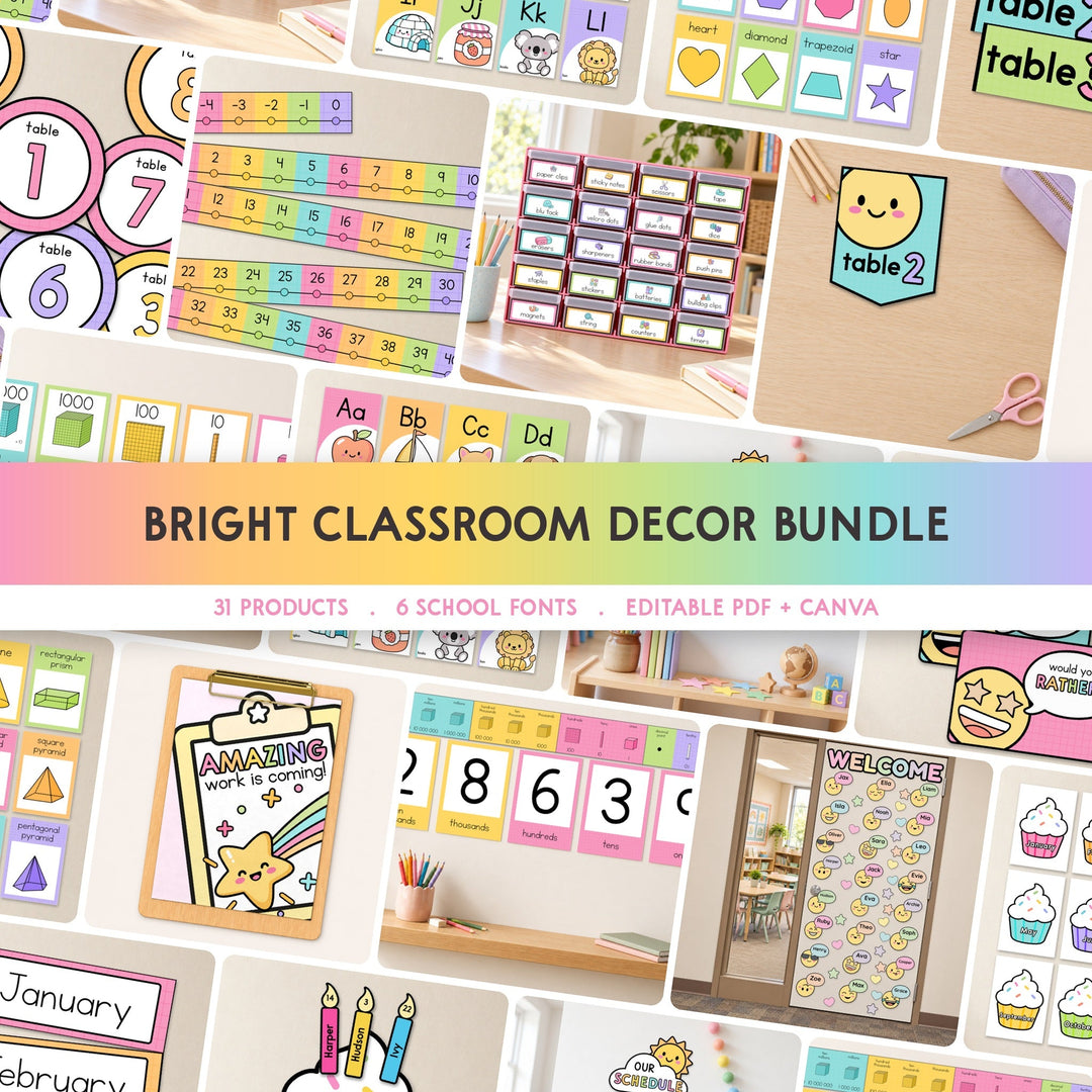 Bright Classroom Decor collection: printable classroom displays in Bright colours