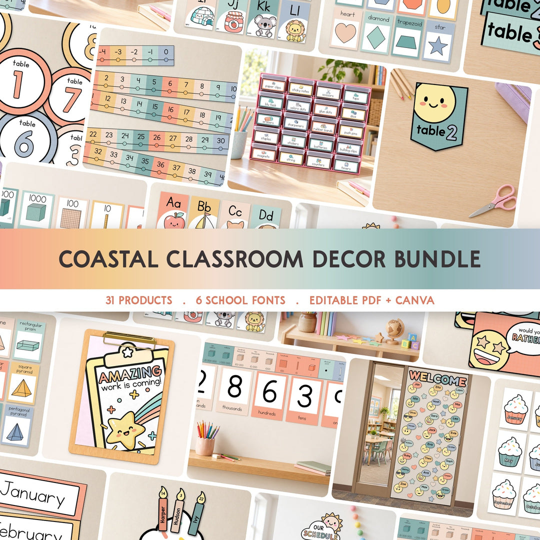 Coastal Classroom Decor collection: printable classroom displays in calm coastal tones