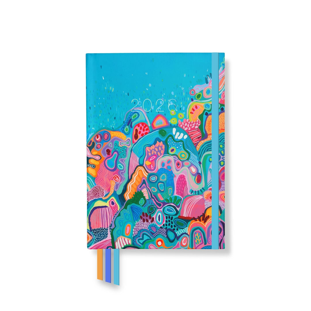 2026 teacher planner with vibrant reef-inspired artwork in blue, pink, and green, featuring elastic strap and ribbon markers.
