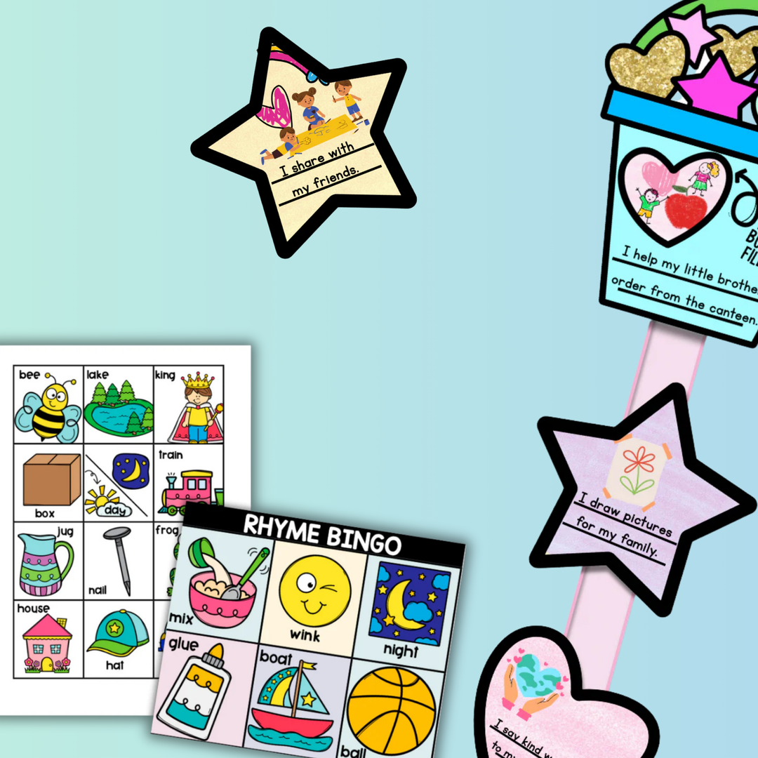 Cover image for the English digital download category featuring vibrant educational designs and activities focused on literacy and language skills.