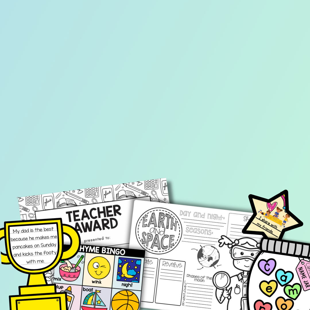 Styled decor set displayed on a wall, showcasing vibrant and organised elements like shape signs, creating a visually engaging classroom look.