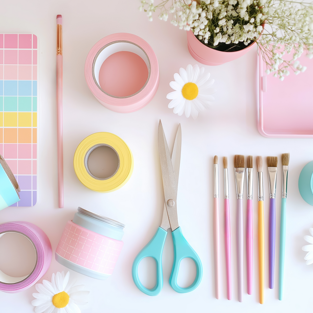 Flat lay of colourful art supplies including pastel brushes, scissors, paint swatches, washi tape rolls, and flowers on a pink background.