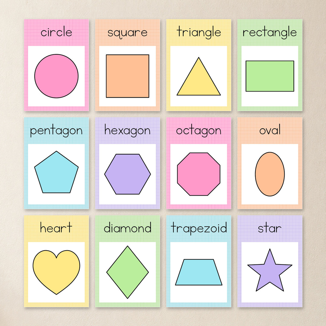 2D shape posters in soft Gentle colours - circle, square, triangle, rectangle, pentagon, hexagon, octagon and oval, one per A4 page