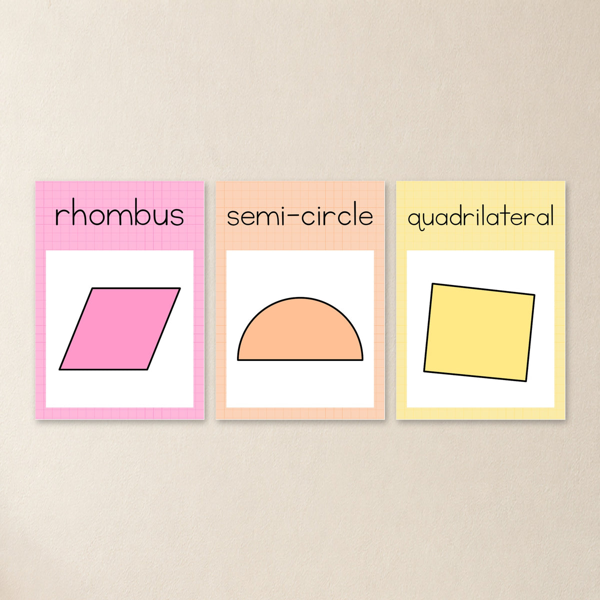 2D shape flashcards four to a page in Gentle colours, printed and cut for a maths tub