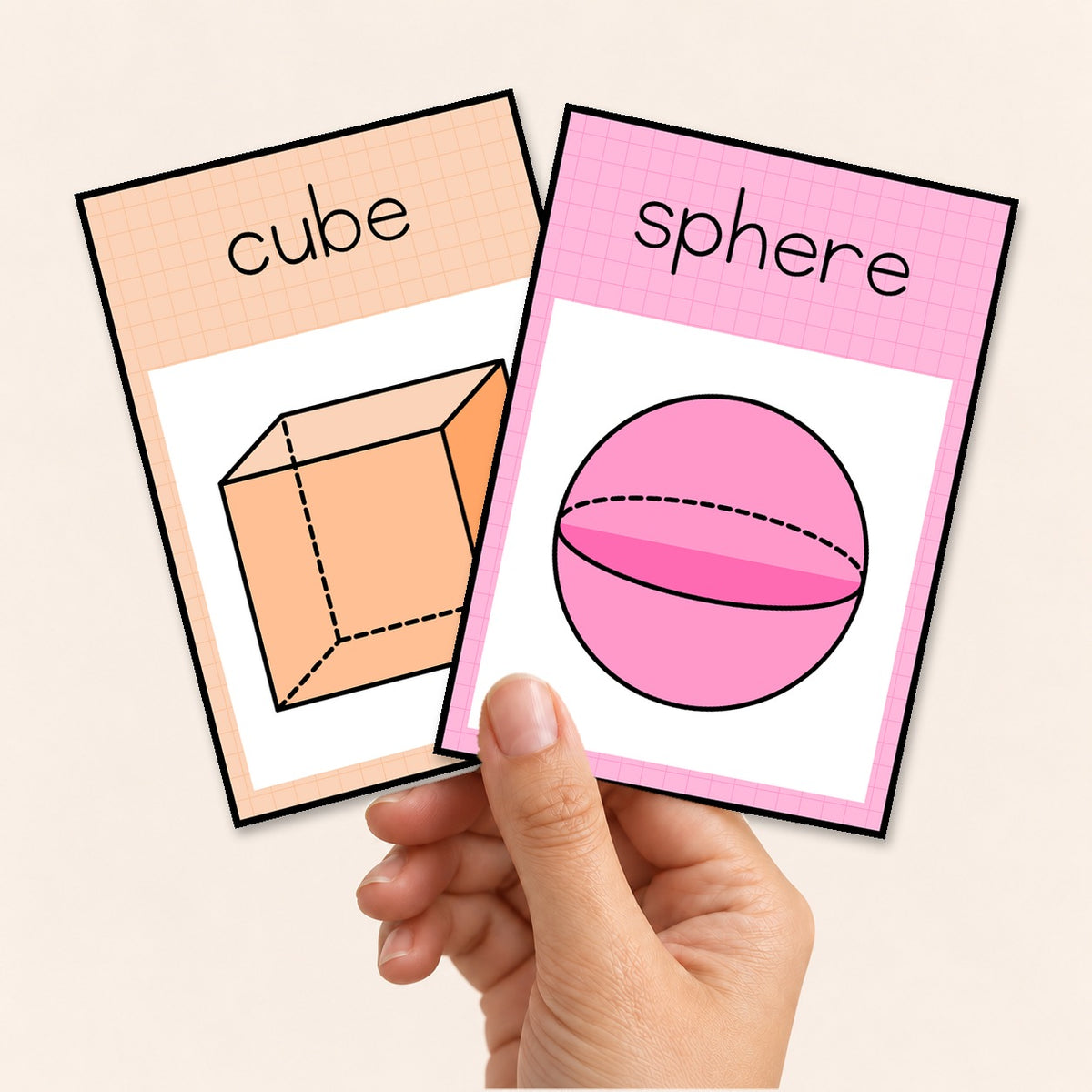 3D object flashcards four to a page in Gentle colours, printed and cut for a maths tub