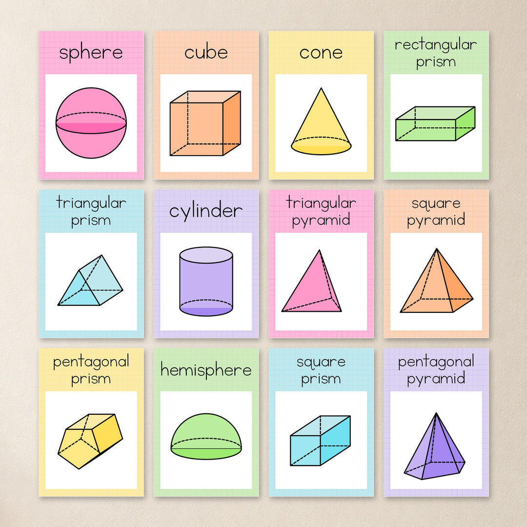 3D object posters in soft Gentle colours - cube, sphere, cone, cylinder, pyramid and more, one per A4 page