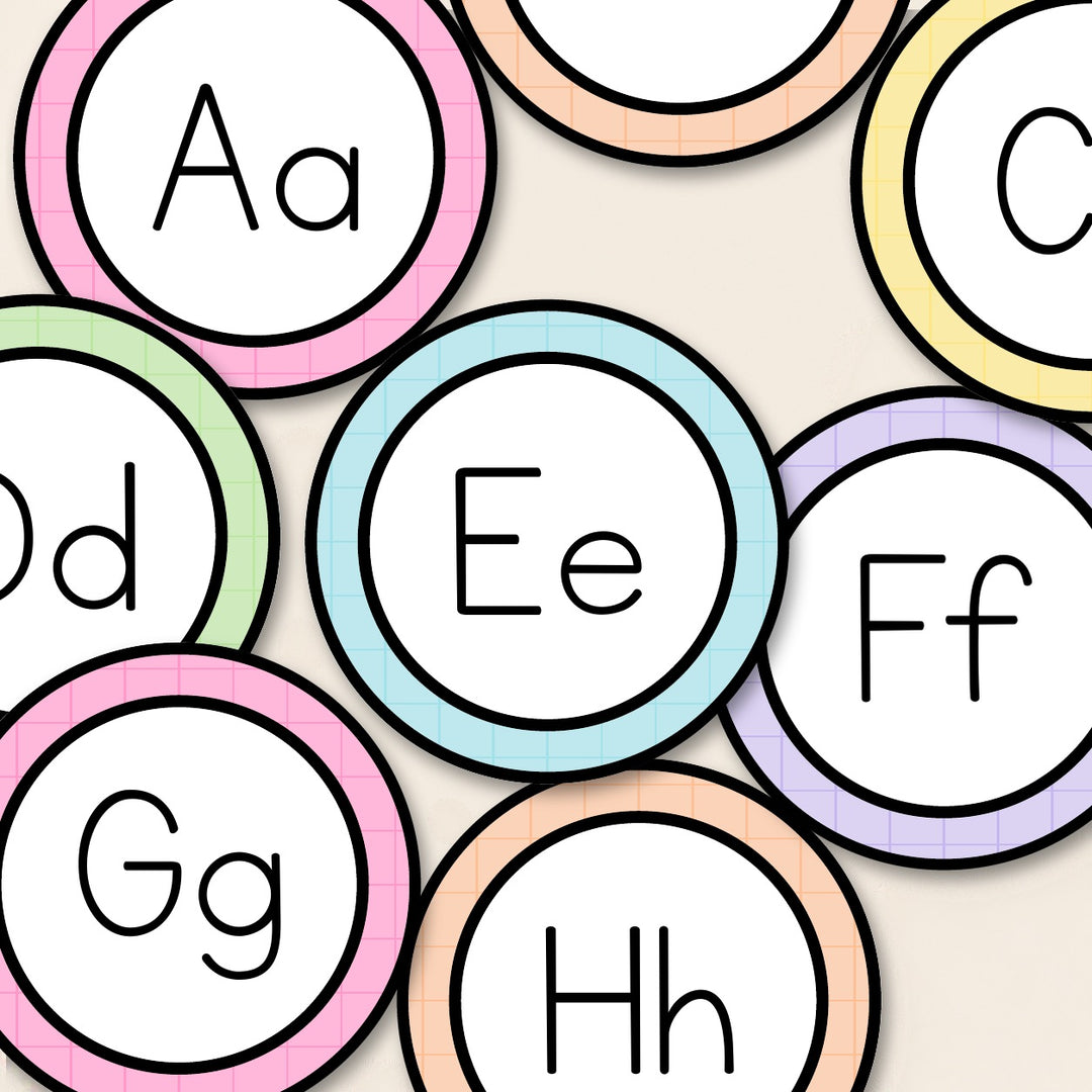 Alphabet circles A to Z in soft Gentle colours, upper and lower case, for an alphabet line above the whiteboard