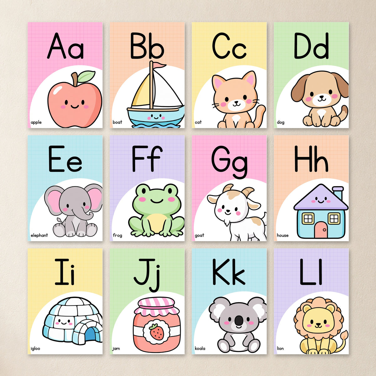 Rounded alphabet posters A to L in soft Gentle colours, one letter per A4 page