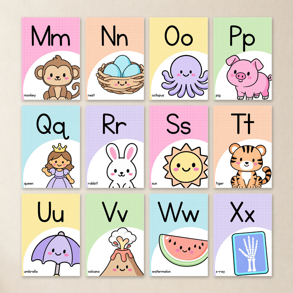 Rounded alphabet posters M to X in soft Gentle colours