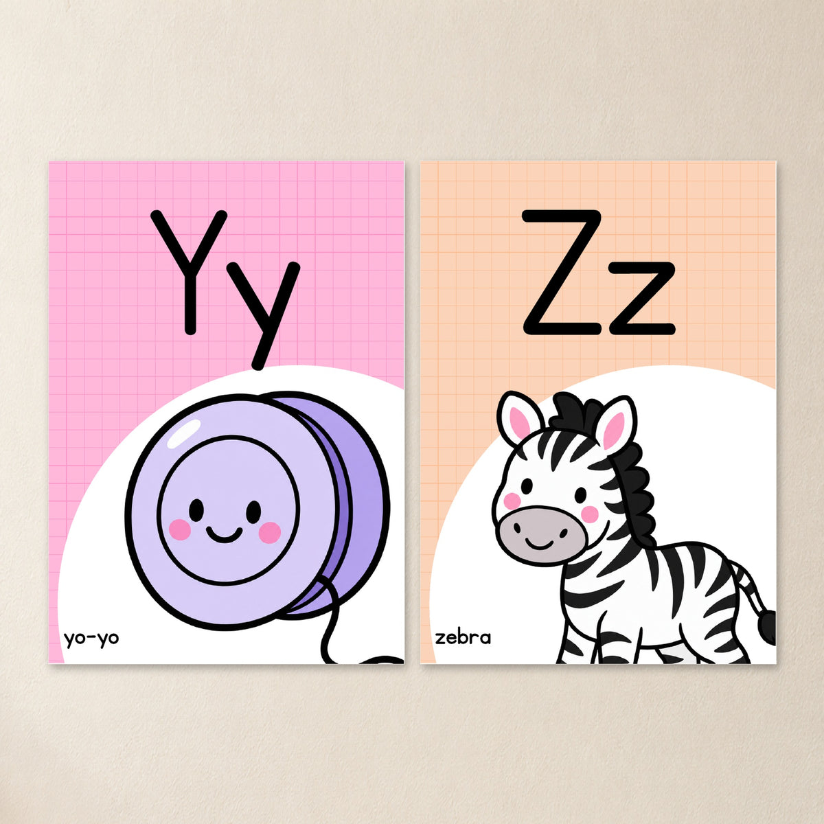 Rounded alphabet posters Y and Z in soft Gentle colours