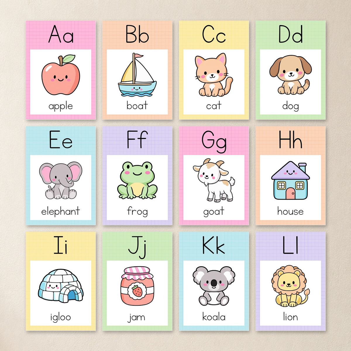 Squared alphabet posters A to L in soft Gentle colours, one letter per A4 page