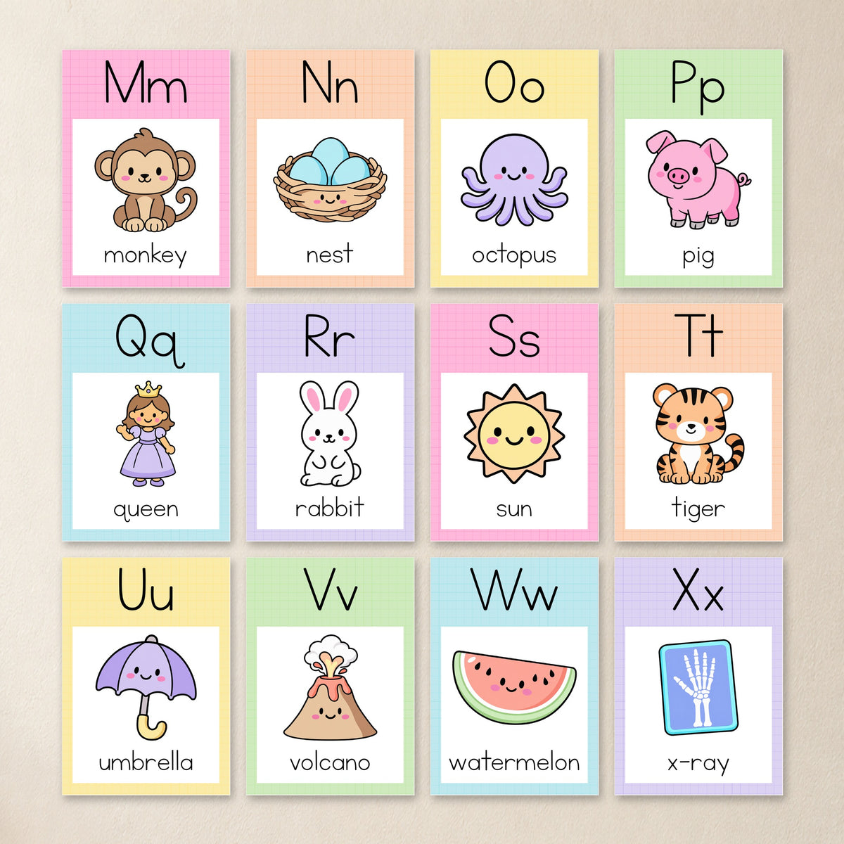 Squared alphabet posters M to X in soft Gentle colours