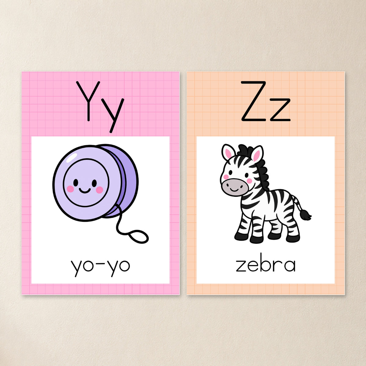 Squared alphabet posters Y and Z in soft Gentle colours