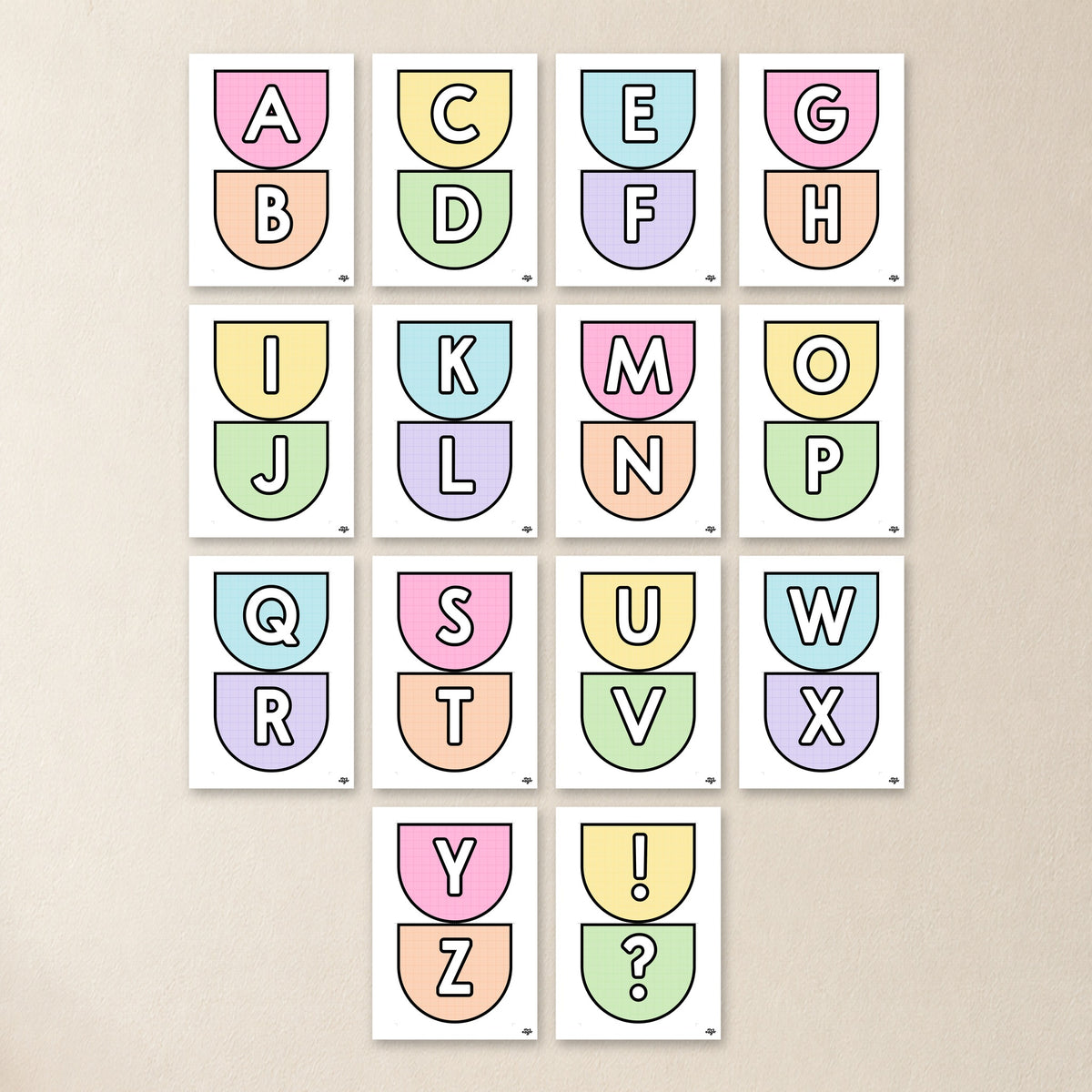 All 14 bunting PDF pages - alphabet, numbers, pictures and editable blanks in soft Gentle colours