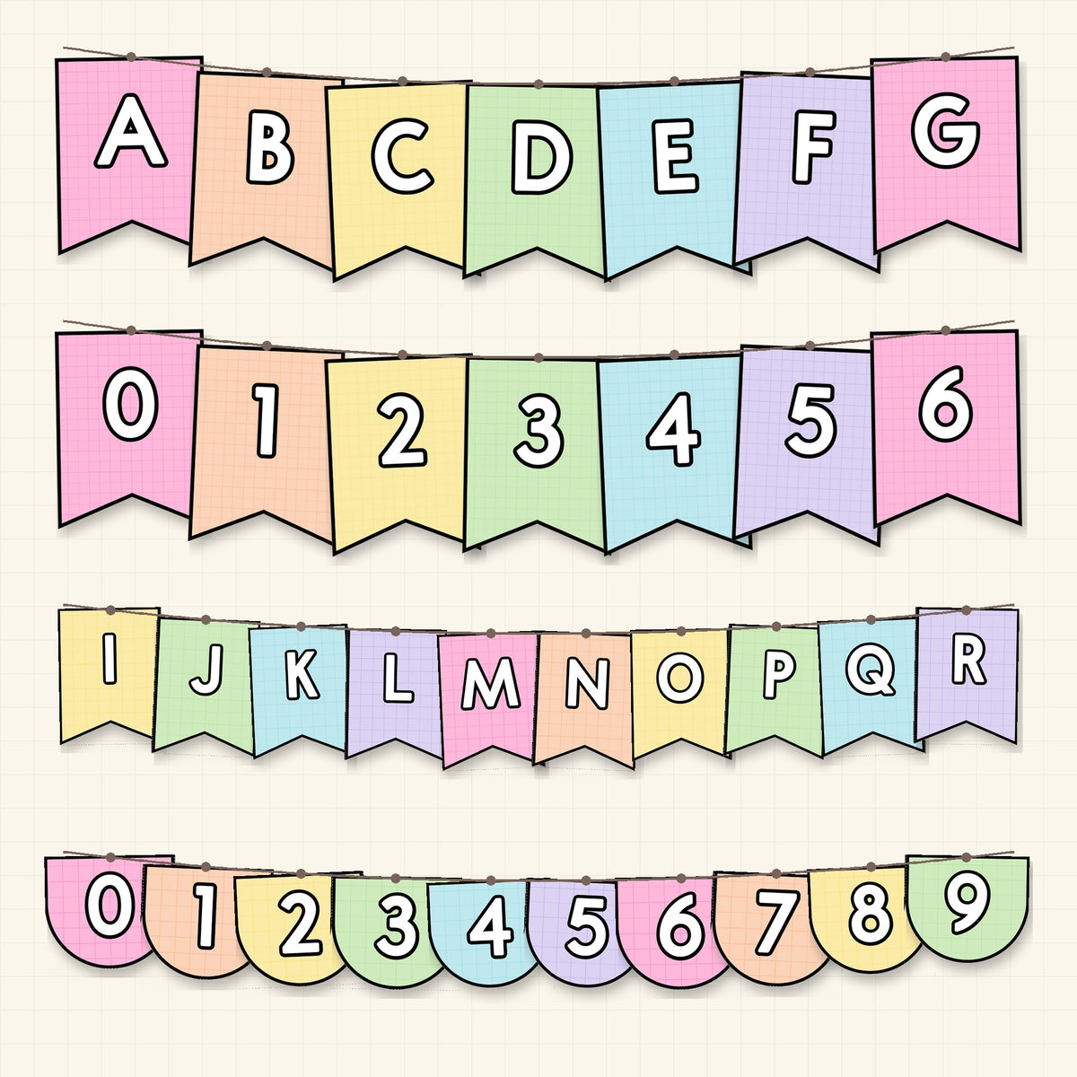 Four strings of classroom bunting - large and small swallowtail letters and numbers, and arched numbers in soft Gentle colours