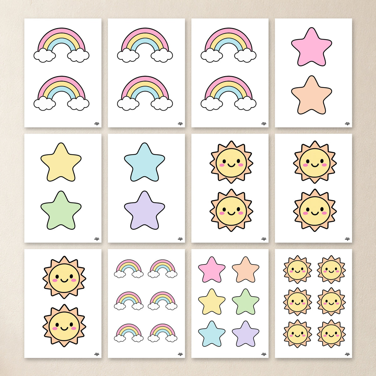 All 12 clipart garland PDF pages in soft Gentle colours